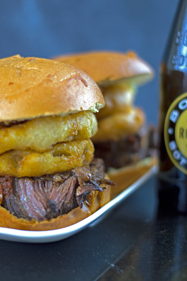 Rootbeer Braised Short Rib Sandwich with Fried Onion Rings