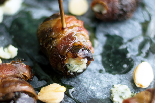 Bacon Wrapped Medjool Dates Stuffed with Marcona Almonds and Blue Cheese