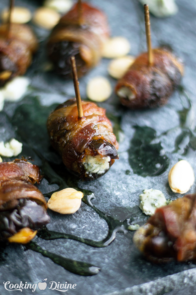 Bacon Wrapped Medjool Dates Stuffed with Marcona Almonds and Blue Cheese