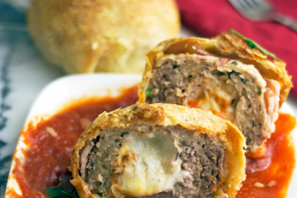 Cheese Stuffed Meatball Wrapped in Bacon and Pastry Dough