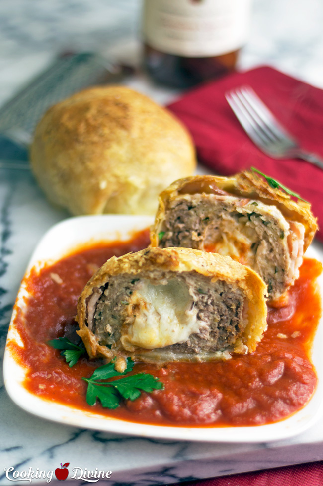 Cheese Stuffed Meatball Wrapped in Bacon and Pastry Dough